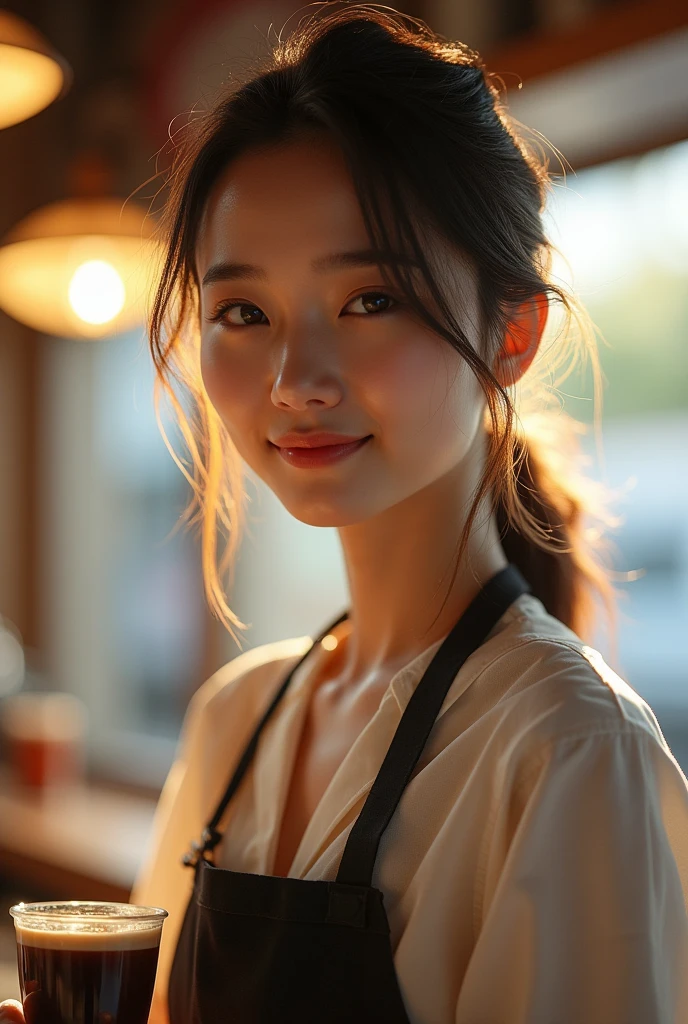 (8k, RAW photo, best quality, masterpiece), (photorealistic), outstanding details, ultra-high resolution, anatomically correct, textured skin, (Extremely precise and accurate anatomy), Ultra Detailed Face, Detailed Eyes, 1 Girl, (barista) , ( barista uniform) , forehead, (pulled back hair:1.2) , (Cute Japanese girl , 1), light smile, cinematic lighting in the hair, hair light, wind in the hair, (open cafe), coffee, (backlighting), reflection light from below, atmospheric perspective, depth of field, (dramatic lighting), cinematic lighting,