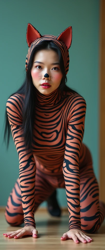 The beautiful Chinese asian adult girl with beautiful cheeks wears plains zebra print lycra turtleneck unitard catsuit covered with stripes and plains zebra print lycra elastane stretchy dancewear 100% hijab-like 100% stretchy zentai hood.She is happy to crawl.She always put fake cat whsikers and nose that are made of black makeup marker pen.