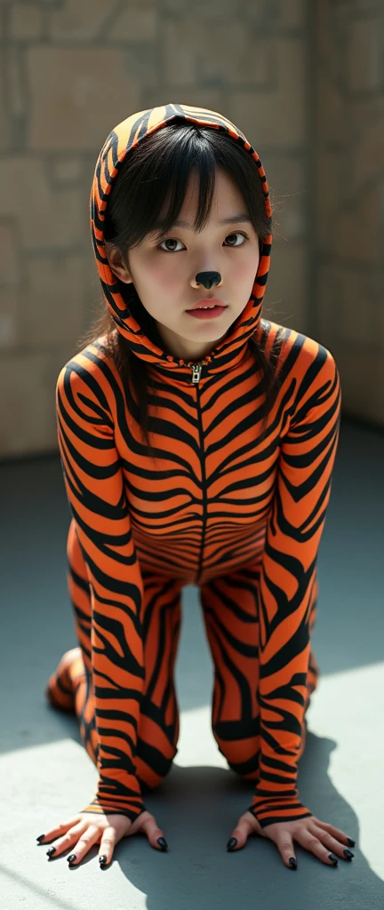 The beautiful Chinese asian adult girl with beautiful cheeks wears plains zebra print lycra turtleneck unitard catsuit covered with stripes and plains zebra print lycra elastane stretchy dancewear 100% hijab-like 100% stretchy zentai hood.She is happy to crawl.She always put fake cat whsikers and nose that are made of black makeup marker pen.
