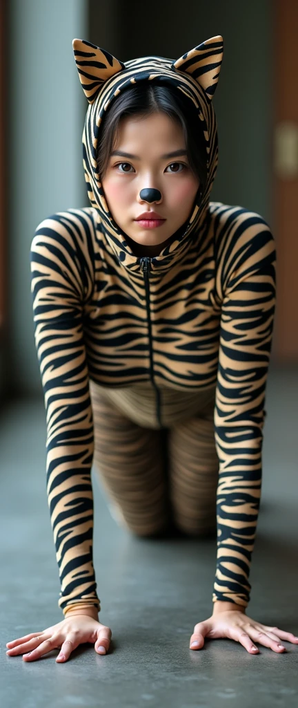 The beautiful Chinese asian adult girl with beautiful cheeks wears plains zebra print lycra turtleneck unitard catsuit covered with stripes and plains zebra print lycra elastane stretchy dancewear 100% hijab-like 100% stretchy zentai hood.She is happy to crawl.She always put fake cat whsikers and nose that are made of black makeup marker pen.
