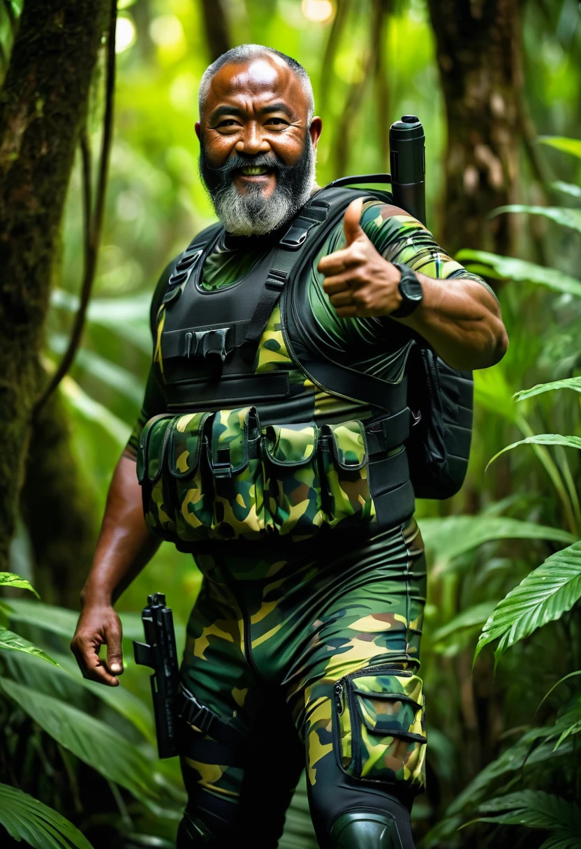 (a dark-skinned fat bearded old man in a skintight camouflage zipper diver suit), thumbs up, carrying a gun holster, muscular, imposing stature, Basuki Abdullah style, sumatraism, action, (a character portrait), heroic, fierce expression, snarling, vibrant colors, deep shadows, intense lighting, dramatic atmosphere, swamp background with verdant greenery, visual depth, lucid detail, ultra-detailed, ultra-realistic, professional, best quality.