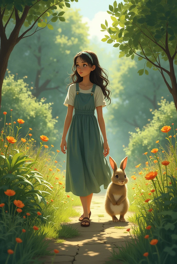 Sara walking away from the garden with a happy and nostalgic expression, thinking about the special moments shared with her new rabbit friend.