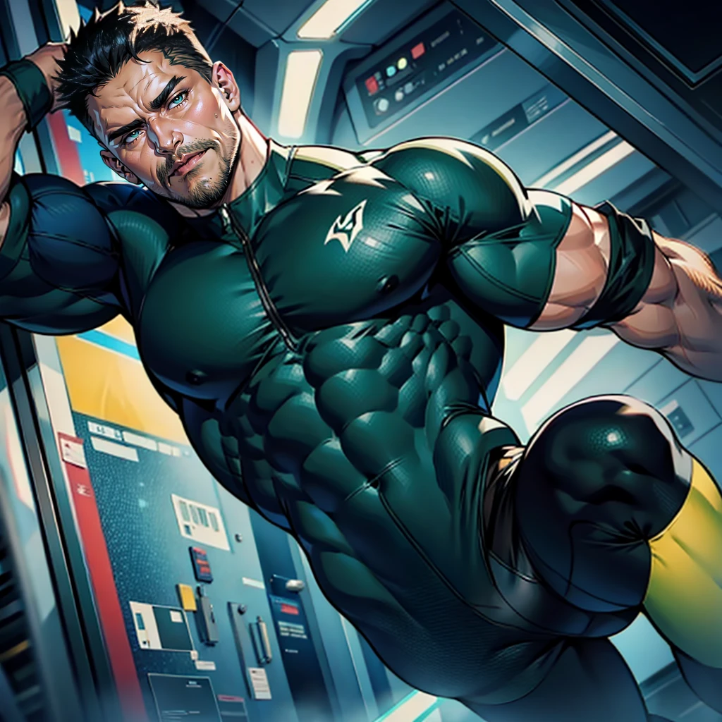 a muscular HUNK , STEPHEN AMELL  cyber-hero with blackish GREEN  spandex suit FOR SPACE TRAVELING in spaceship , REVEALING HIS MUSCLES AND BULGE WITH HIS PRIVATE TRACE