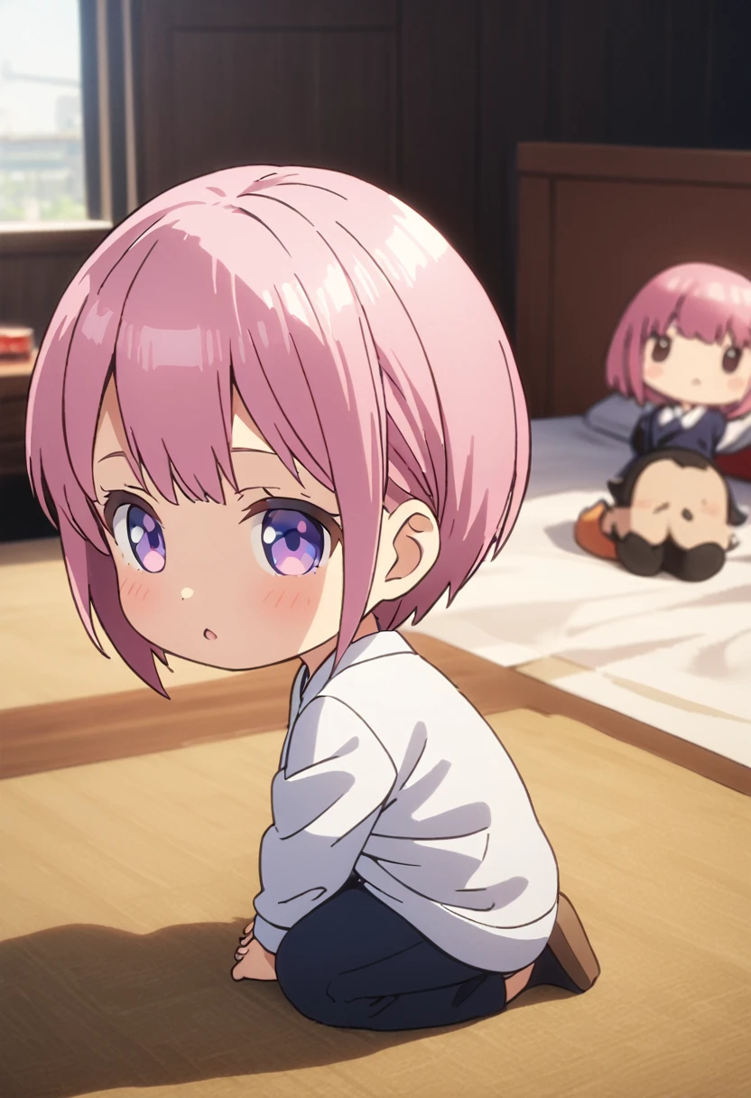 (Highest quality, 4K, 8k, High resolution, masterpiece:1.2), Very detailed, Picturesque, Animated Photography, Photo Animation:1.37)、Japanese schoolgirl、(Pink Hair)、(Pixie Cut)、(chibi:1.4),white shirt、short pants、black cheokr、sitting on bed、on all fours、Full body photography、Nakano ichika