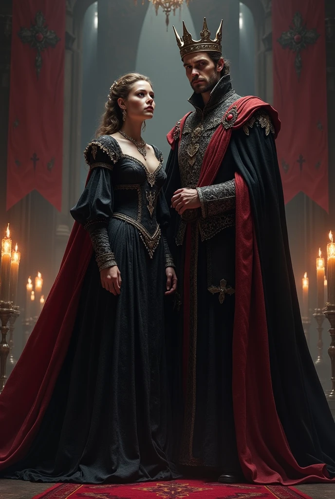 Lady Seraphina d’Aurelis, now transformed into a darker version of herself, stands beside Grim Havel during his coronation as the new king of her land. Seraphina's appearance has changed to reflect her new role—her gown is now a deep, ominous black adorned with silver and crimson accents, symbolizing her acceptance of the dark path she has taken. Her once soft and gentle features now carry a cold, calculating expression, mirroring Havel's own. Her eyes, once filled with defiance and fear, now hold a sharp, steely resolve as she gazes upon the crowd. Havel, clad in regal black and crimson robes with a crown upon his head, exudes power and dominance as he accepts the throne. The background depicts a grand, shadowy throne room, filled with dark banners and flickering torches, emphasizing the foreboding atmosphere of the moment. The depiction should capture the dark fantasy Renaissance Era style, highlighting the sinister union of Seraphina and Havel as they claim the throne together.