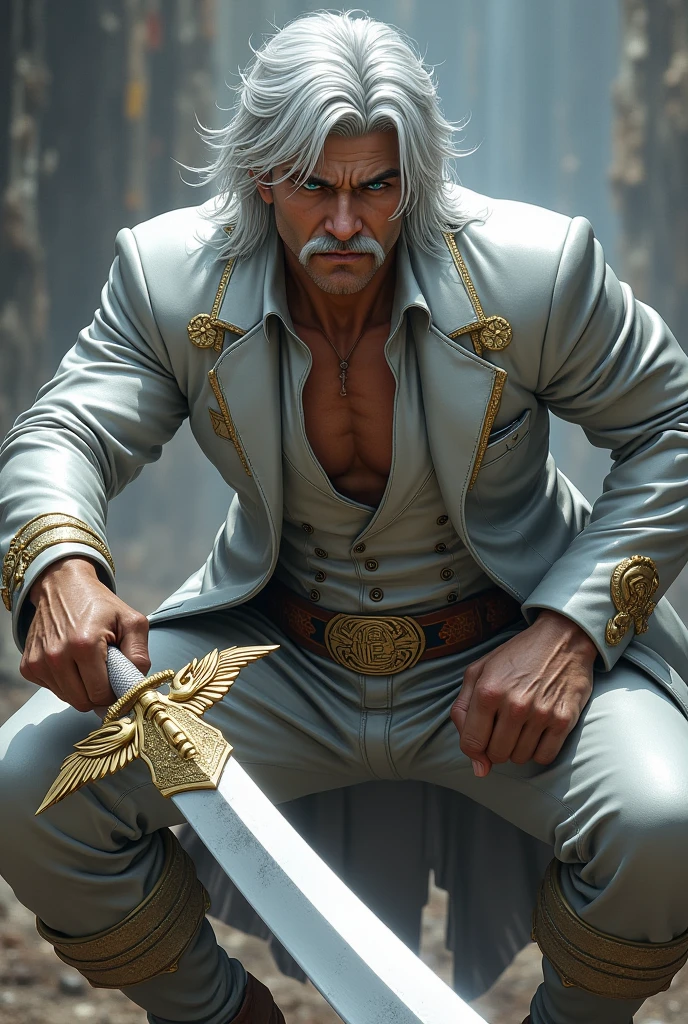 Character with silver hair a head with sky blue eyes is a brown face A silver suit decorated with gold athletic legs silver pants with grayish shoes without a disappointed mark a silver blade decorated with gold with wings on its blade is a v mustache is a dangerous fighter side 