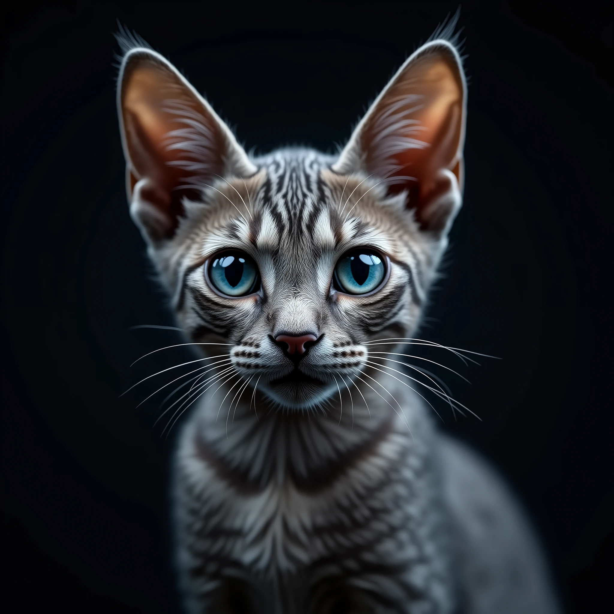 a gray tabby devon rex cat with piercing blue eyes, highly detailed, extremely realistic, 8k, photorealistic, professional studio lighting, dramatic contrast, saturated colors, soft fur textures, whiskers, detailed facial features, cat's eye reflections, shallow depth of field, moody atmosphere