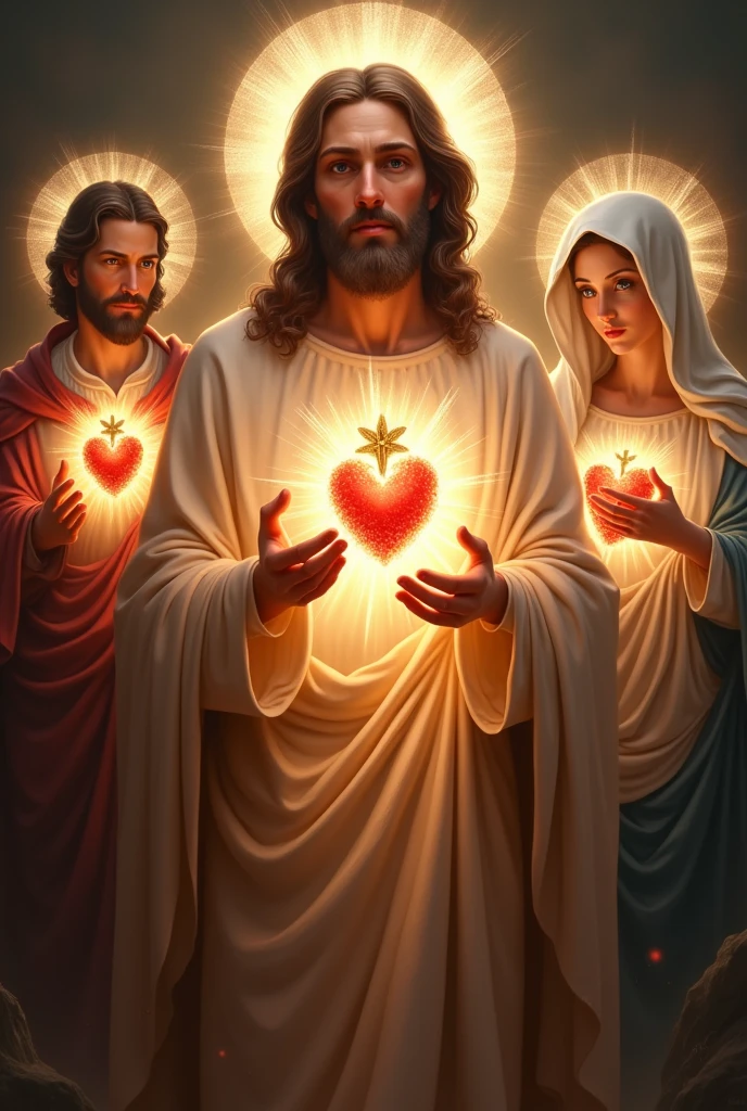 (photorealism:1.2) chaste heart of saint Joseph, sacred heart of Jesus, immaculate heart of Mary,  divine mercy 