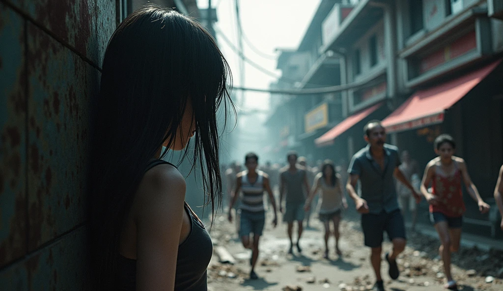 "Image of the zombie outbreak in Chiang Mai, Zombies walk along the pedestrian street, I'm running away from zombies., The atmosphere is gloomy.,A teenage girl with long black hair is hiding behind a building trying to escape the zombies, action movie style."