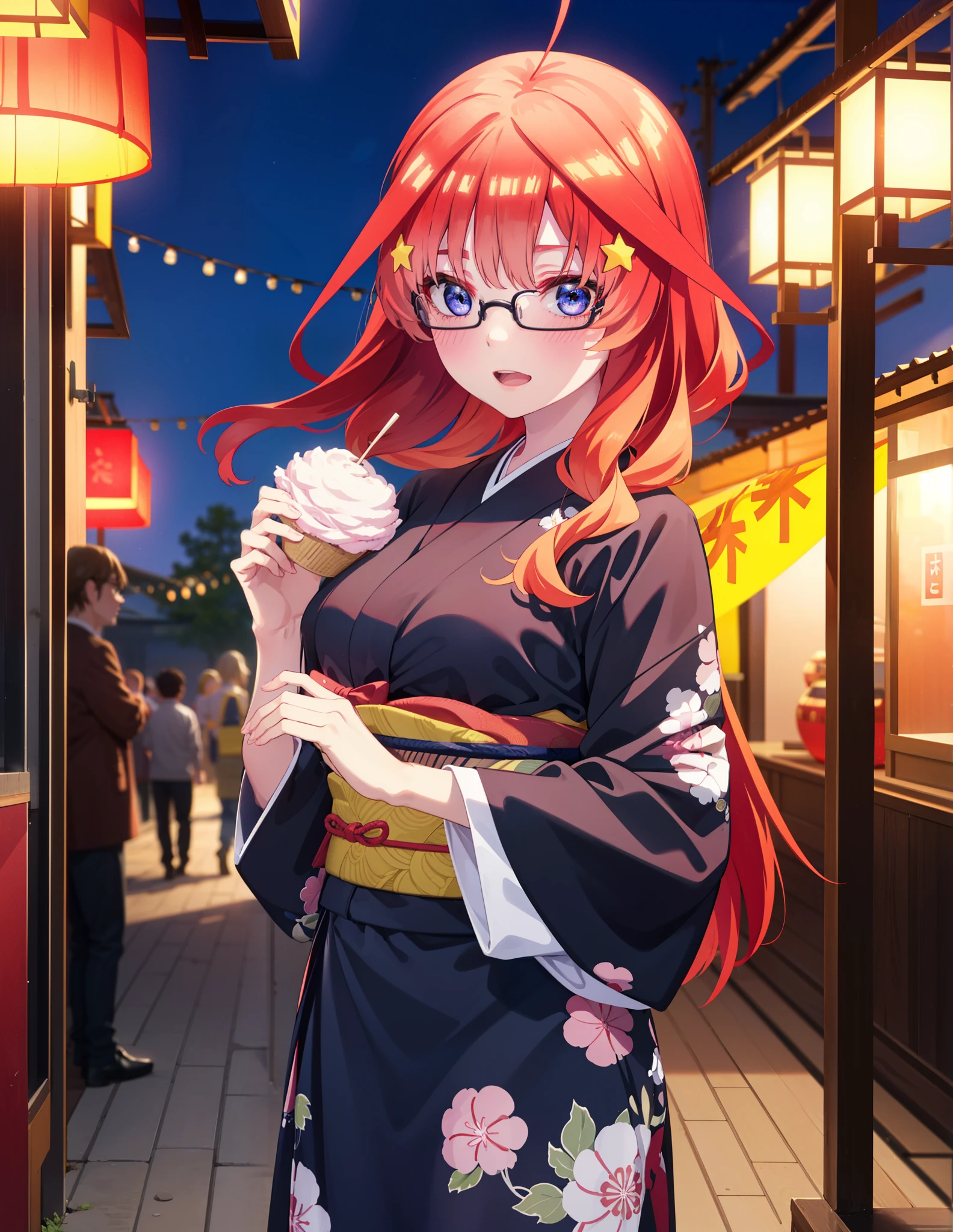 itsukinakano, Itsuki Nakano, bangs, blue eyes, Hair between the eyes, Ahoge, Redhead, star \(symbol\), hair ornaments, star hair ornaments,花のhair ornaments,Black-rimmed glasses,hair tied back,smile,blush,Open your mouth,Big Breasts,night,Red Kimono,Long skirt,He is holding cotton candy in his right hand and a clear bag full of cotton candy in his left hand.,Japanese Festivals,Summer festival food stalls,Red lantern,whole bodyがイラストに入るように,
break looking at viewer,whole body, (Cowboy Shot:1. 5),
break outdoors, Veranda,
break (masterpiece:1.2), Highest quality, High resolution, unity 8k wallpaper, (figure:0.8), (Beautiful attention to detail:1.6), Highly detailed face, Perfect lighting, Highly detailed CG, (Perfect hands, Perfect Anatomy),