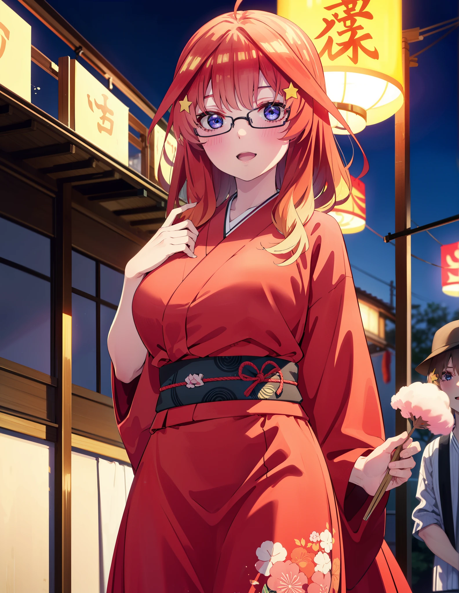 itsukinakano, Itsuki Nakano, bangs, blue eyes, Hair between the eyes, Ahoge, Redhead, star \(symbol\), hair ornaments, star hair ornaments,花のhair ornaments,Black-rimmed glasses,hair tied back,smile,blush,Open your mouth,Big Breasts,night,Red Kimono,Long skirt,He is holding cotton candy in his right hand and a clear bag full of cotton candy in his left hand.,Japanese Festivals,Summer festival food stalls,Red lantern,whole bodyがイラストに入るように,
break looking at viewer,whole body, (Cowboy Shot:1. 5),
break outdoors, Veranda,
break (masterpiece:1.2), Highest quality, High resolution, unity 8k wallpaper, (figure:0.8), (Beautiful attention to detail:1.6), Highly detailed face, Perfect lighting, Highly detailed CG, (Perfect hands, Perfect Anatomy),