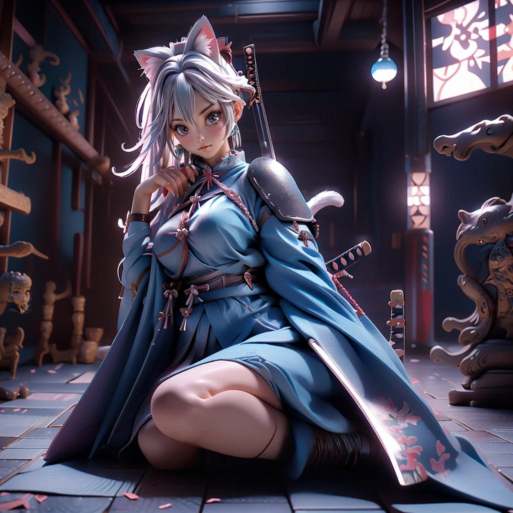 Moisturized Skin, (blue eyes), Realistic body, (Adult female body), Energetic, 3DCG, front, High angle, Pink lipstick, (Beautiful belly button), (Silver Hair), ((Cat ear)), Beautiful Hair, (((Samurai Armor: 1.3))), ((masterpiece + Highest quality + High resolution + Very detailed)), (whole body: 1.2), Get down on one knee, Place your left hand on the ground, Holding a Japanese sword
