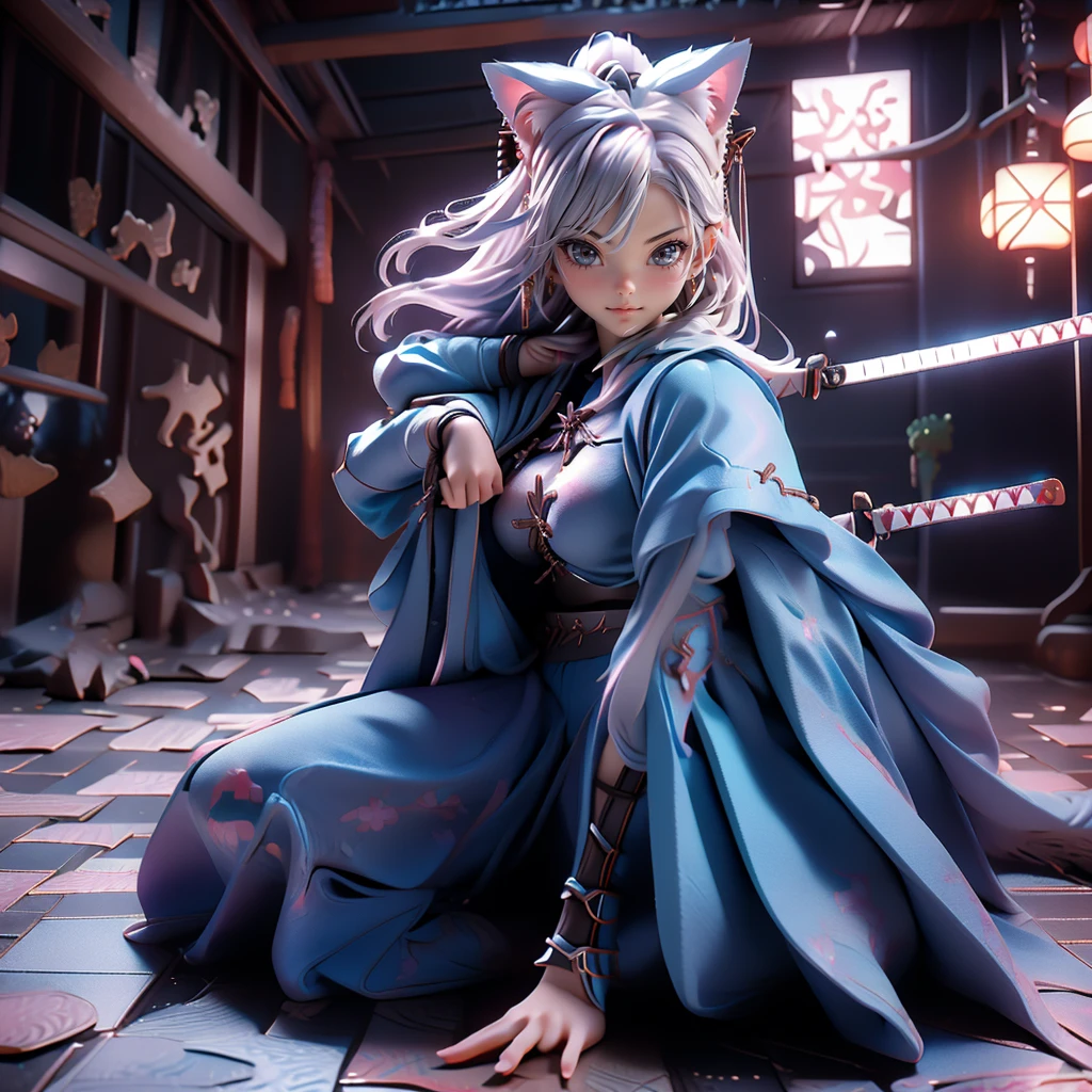 Moisturized Skin, (blue eyes), Realistic body, (Adult female body), Energetic, 3DCG, front, High angle, Pink lipstick, (Beautiful belly button), (Silver Hair), ((Cat ear)), Beautiful Hair, (((Samurai Armor: 1.3))), ((masterpiece + Highest quality + High resolution + Very detailed)), (whole body: 1.2), Get down on one knee, Place your left hand on the ground, Holding a Japanese sword