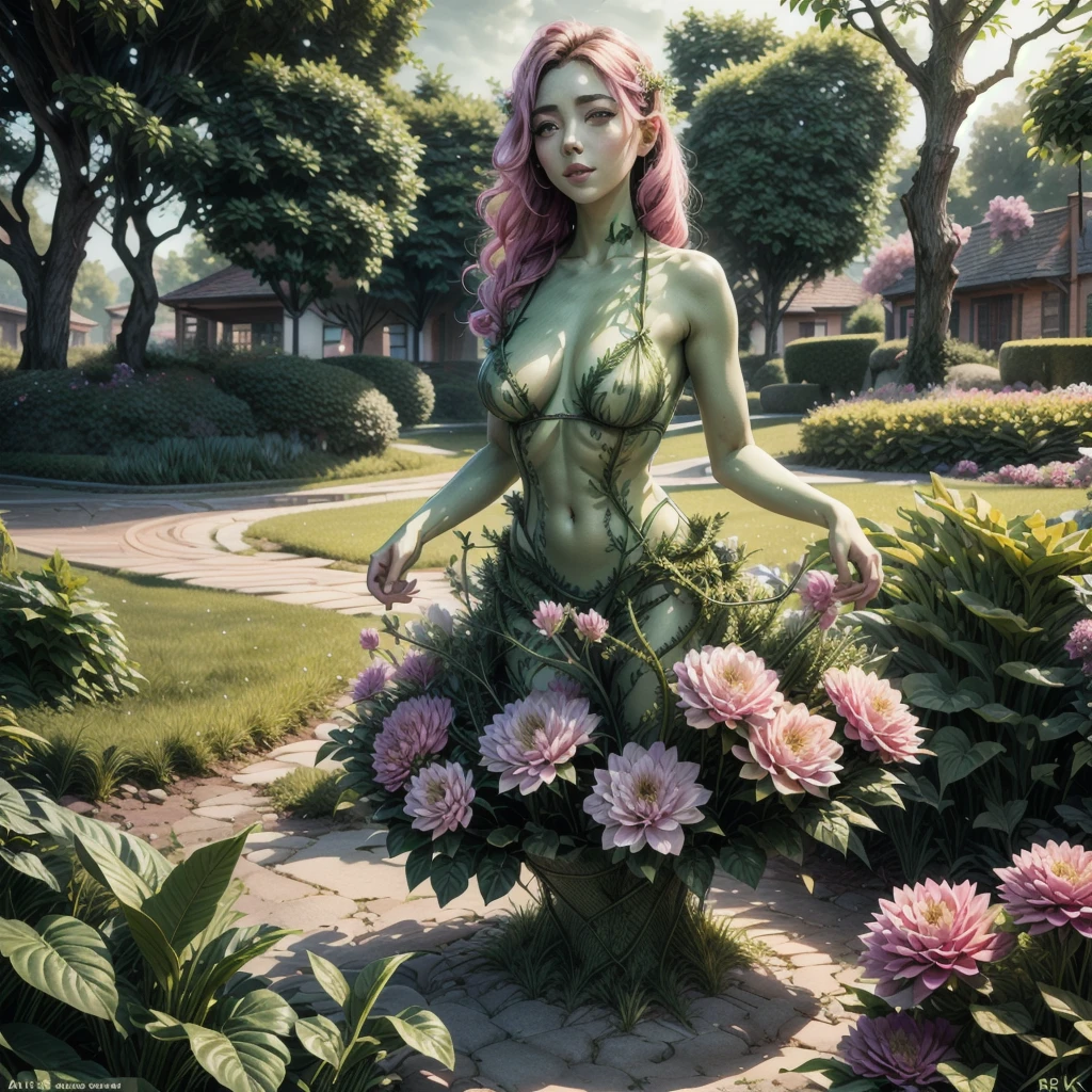 (best quality,4k,8k,highres,masterpiece:1.2),ultra-detailed, beautiful seductive Dryad in a suburban backyard garden, AubreyPlaza, tree woman, plant woman, plant flesh,  green dryad, green skin, hair made of pink flowers, glowing green eyes, sensual smile, seductive pose, erotic pose, seethru, HDR, 8k, absurdres, cinestill 800, sharp focus, add_detail:2, (solo, woman)
