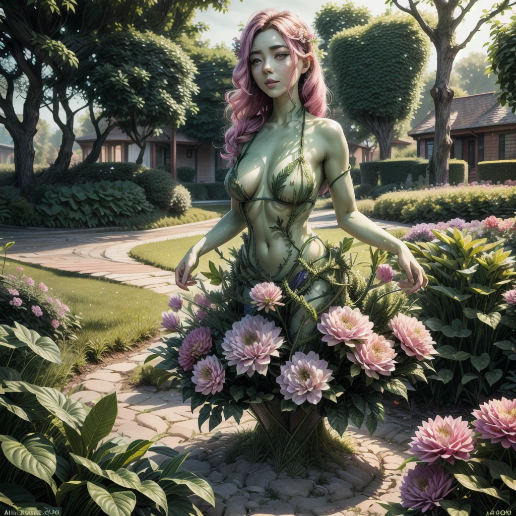 (best quality,4k,8k,highres,masterpiece:1.2),ultra-detailed, beautiful seductive Dryad in a suburban backyard garden, AubreyPlaza, tree woman, plant woman, plant flesh, green dryad, green skin, hair made of pink flowers, glowing green eyes, sensual smile, seductive pose, erotic pose, seethru, HDR, 8k, absurdres, cinestill 800, sharp focus, add_detail:2, (solo, woman)