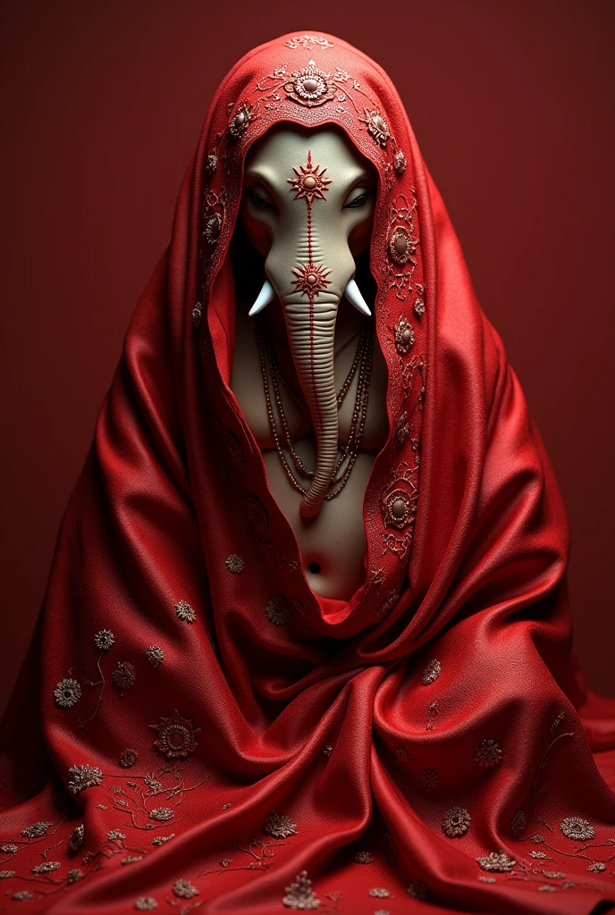Can you generate a detailed description of an image featuring Lord Ganesha, the Hindu deity, fully hidden in a luxurious red silk cloth with intricate laces and adornments?"