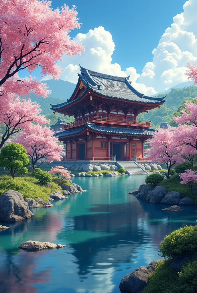 Absurd, High resolution, Super detailed, beautiful, masterpiece, Highest quality,Edo period Japanese temple, Lush garden, Bright colors, Quiet Pond, Traditional architecture, cherry blossoms、light is reflected on the water surface、