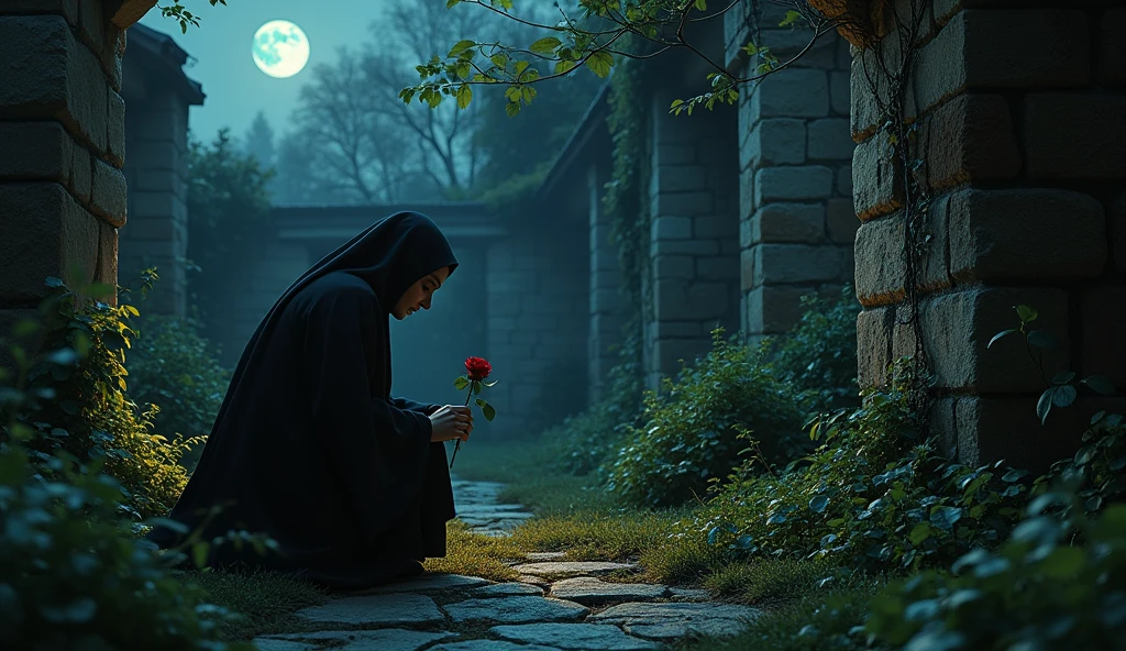A secluded garden within the monastery, with the Nun of Monza kneeling by a hidden grave at night. The moon casts an eerie glow over the scene, and the overgrown plants create an atmosphere of forgotten secrets. The nun’s face is filled with sorrow and guilt, as she places a single rose on the grave