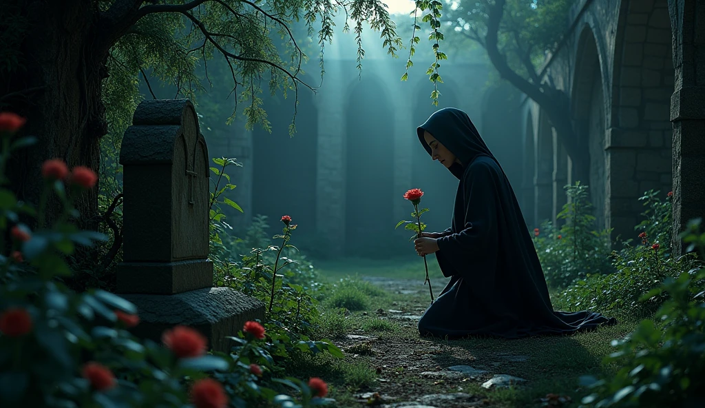 A secluded garden within the monastery, with the Nun of Monza kneeling by a hidden grave at night. The moon casts an eerie glow over the scene, and the overgrown plants create an atmosphere of forgotten secrets. The nun’s face is filled with sorrow and guilt, as she places a single rose on the grave