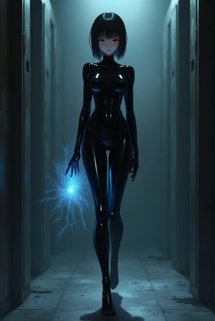 The image is anime style with shadows and dim lights, anime style although somewhat adult and dark, It shows a female android in a black latex suit., who appears to be 2, has short straight black hair, with an expressionless face, while walking carrying a discharge of blue rays between his fingers. He has eyes with heterochromia, One is brown and the other is blue. is beautiful, and expressionless. Her feet are covered by the suit too