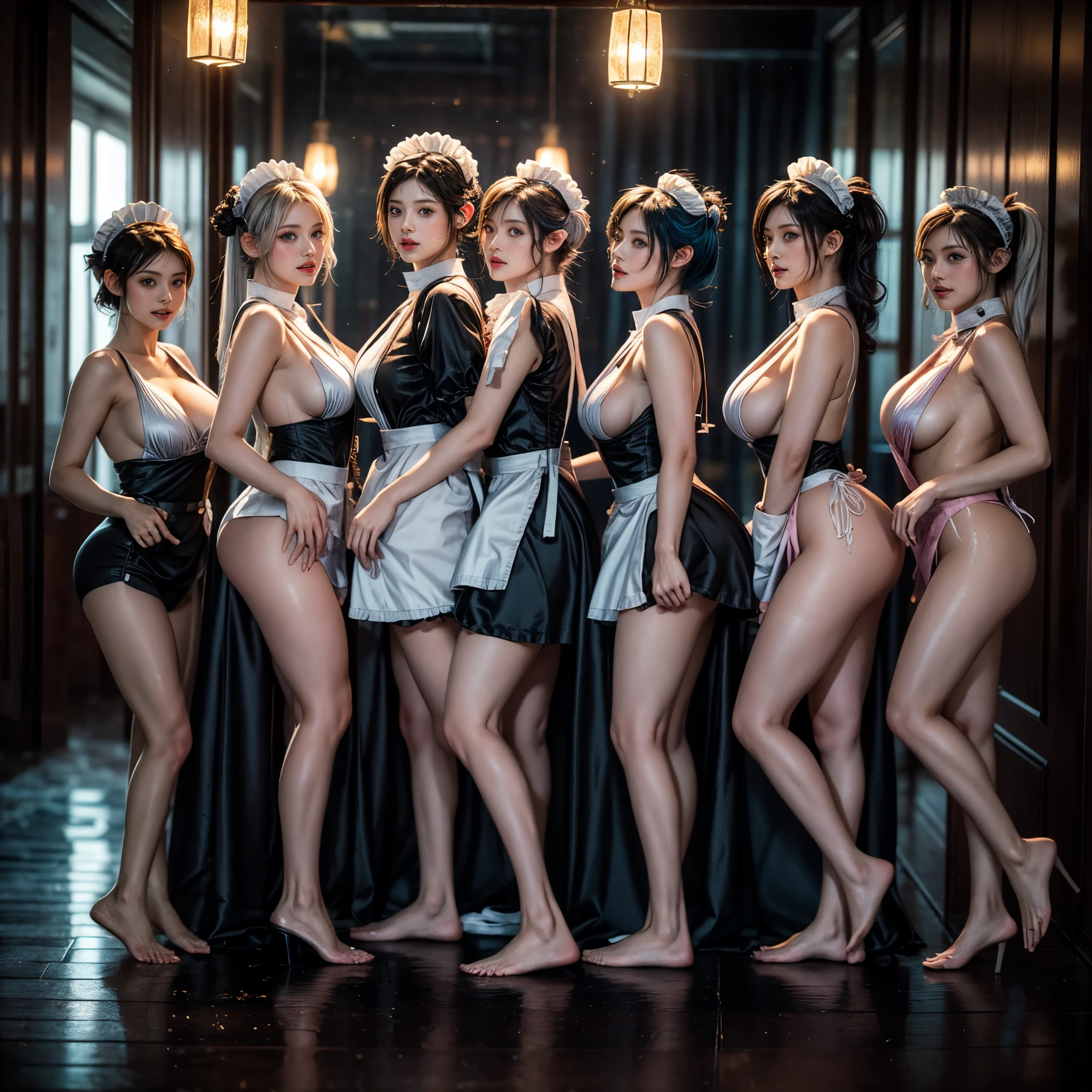 (Full Body of Extremely Detailed((Sexy Maid Group in a row:1.37))), KAWAII perfect face, Reflective Eyes, Detailed(Delicate Clothing textures), Correct Bewitching Leg Line, Dynamic Joyful Expressions LifeLike Rendering, Specular Reflection, TopQuality 8K Ultra-detailed masterpiece (ProfessionalPhoto:1.37), (Acutance:0.8), (Luminism:1.28), Renaissance art style, Colorful Light particles, ((Full body from side)), {MicroMini Skirt|Kissing Face to Face|Thigh Gap|Cute Peach AssFocus|(NakedApron with (Overflowing Sideboob))}, Radiant Fine Skin with Transparency, {Pink Hair|LightBlue Hair|Platinum Blonde|Pure White Hair|Liquid Hair}, Perfect Lighting