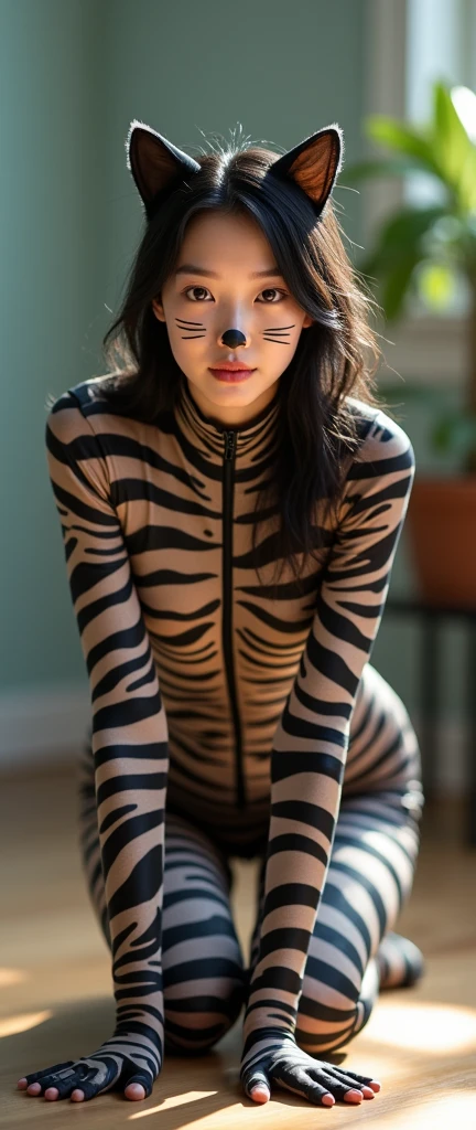 The beautiful Chinese asian adult girl with beautiful cheeks wears plains zebra print lycra turtleneck unitard catsuit covered with stripes and plains zebra print lycra elastane stretchy dancewear 100% hijab-like 100% stretchy zentai hood.She is happy to crawl.She always put fake cat whsikers and nose that are made of black makeup marker pen.