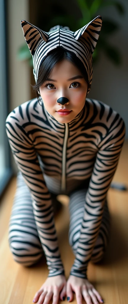 The beautiful Chinese asian adult girl with beautiful cheeks wears plains zebra print lycra turtleneck unitard catsuit covered with stripes and plains zebra print lycra elastane stretchy dancewear 100% hijab-like 100% stretchy zentai hood.She is happy to crawl.She always put fake cat whsikers and nose that are made of black makeup marker pen.