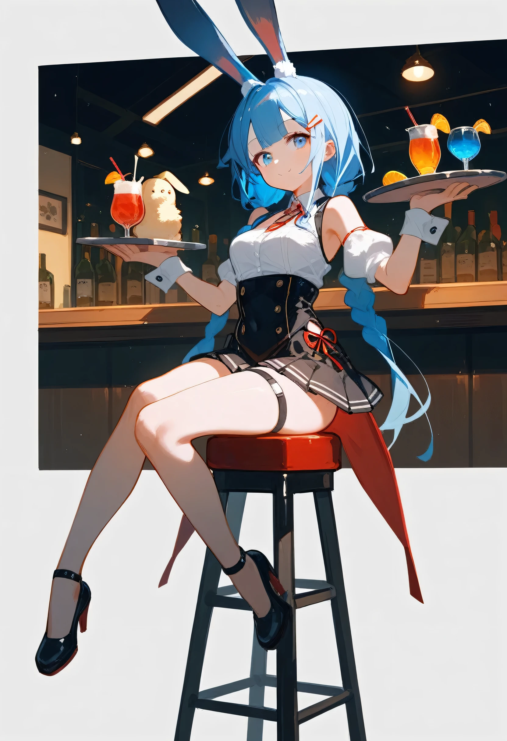 Anime girl sitting on a stool，Holding a tray，Drinks on top, Animation by Kamagurka, pixiv, Concept Art, Azur route style, Attractive anime girl, Zerochan art, I will also draw the fan, Bunny Girl, Those who wear skirts, , In Pixiv, From the Azur Lane video game