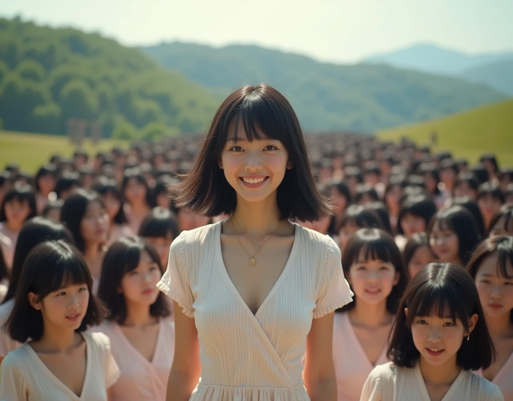 
(((((Japanese Clone girls=Myself)))))), (((best masterpiece Clone girls Raw Photography Art))), (16K, Highest quality, Ultra-high resolution, RAW Photos), (((Unrealistic, Unparalleled depiction, An unbelievable sight, Unprecedented and shocking, Clone girls in a world of mass reproduction, Ultra-realistic))), (((Japanese, woman, 20yo, Sasaki Nozomi))), (Small face, ((Thick black hair, Short Hair))), ((V-neck short-sleeve dress)), (((((Very beautiful detailed girls, Accurate body structure, Very detailed完璧な, Super busty body with very large breasts, Clearly emphasizes cleavage))))), (((Dark Eyes, Mature face, Cute Smile, A gentle gaze))), (((Very happy laughter is beautiful))), ((((((((Very detailed分身増殖描写, ((1girl→Myself cloning→1,000,000,000,000,000,000,000,000Myself Clone girls)))))))))), ((((((((Very detailed, The precise depiction of the proliferation of Myself Clone girls, ((With the same perfectly MySelf body, With a face that is exactly the same as Myself, With the exact same hairstyle as Myself, In the exact same clothes as Myself, Perfectly the same height as Myself, The same super big breasts as Myself)))))))))), (((Myself only))), (((Very detailed, Myself multiplication, 1,000,000,000,000,000,000,000,000Myself Clone girls→100,000,000,000,000,000,000,000,000,000,000,000,000,000,000^1,000,000,000,000,000,000Myself Clone girls))), (((Very detailed, (An embrace between self, Back to Back, Myself is here!, Fun conversation with others, Happy conversation with myself, Kissing each other anywhere, Doting on Myself, Myself holding hands)))), (looking at the camera), (Sexual seduction), (((Unbelievably crowded, Close contact between transcendent selves, Countless &quot;myselves&quot; completely surround me in 360 degrees))), (Bright and soft sunlight), (((Very wide field of view, Very detailed, Detailed ultra-perspective depiction with clear depth))), (((((Curved slope landscape))))), (((Very photographic and detailed, Myself is infinitely multiplied, filling the gaps and filling the horizon, Myself exists infinitely and it creates a fun atmosphere))), (Focus on the average value of the image)