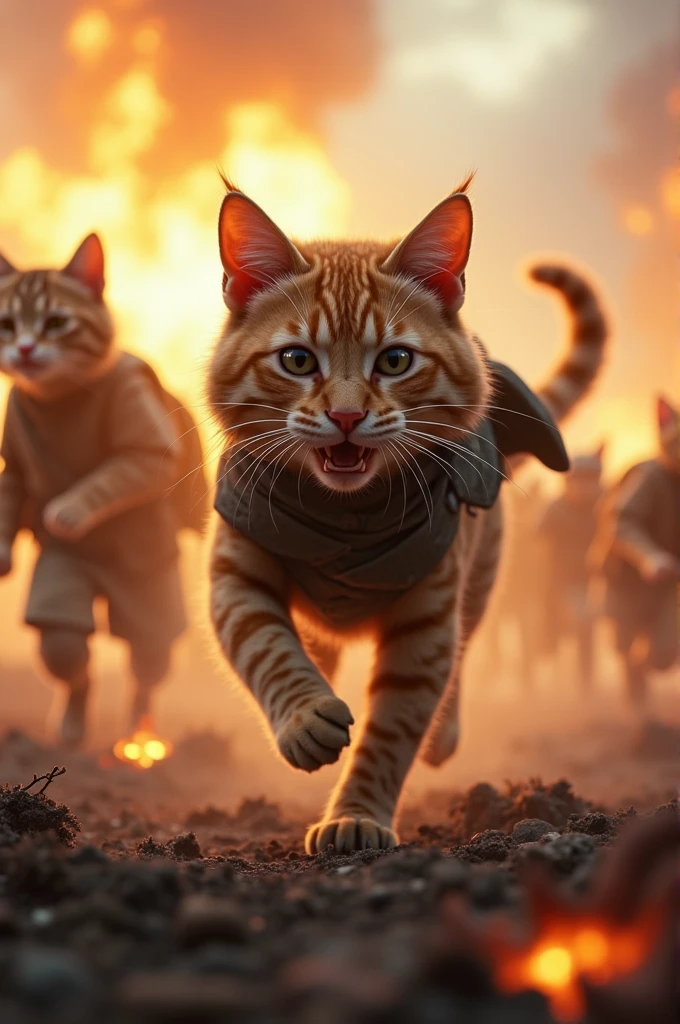 "Make a YouTube Short depicting Whiskers in the heat of battle. Show him fighting bravely with his comrades, using slow-motion effects to emphasize the intensity of the moment and the sacrifices being made on the battlefield."