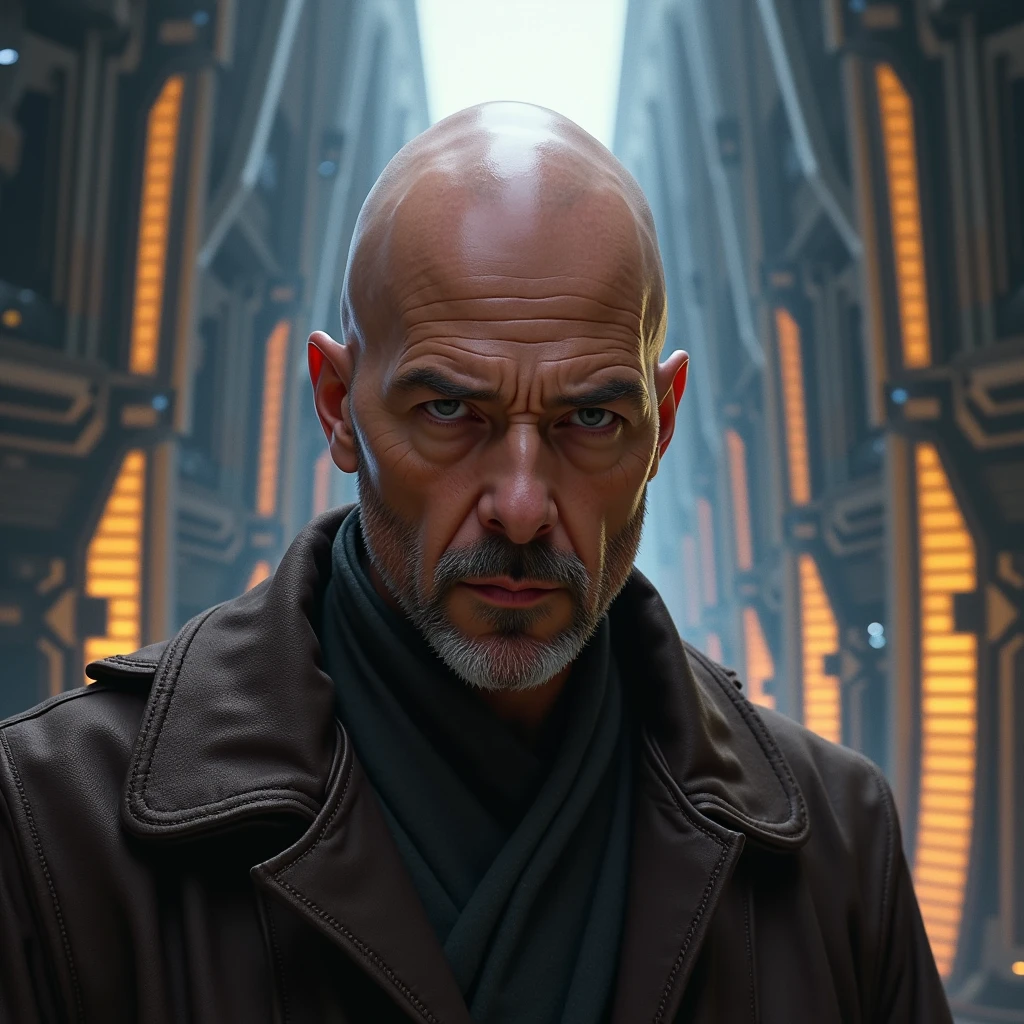 homme chauve le regard vers nous dans un decors de star wars