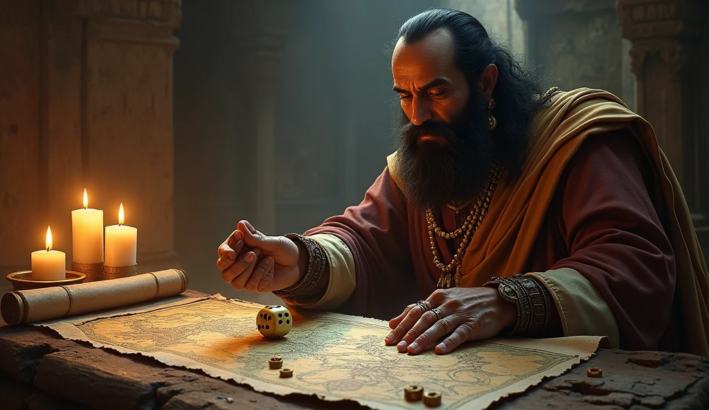Shakuni ancient king in his private quarters, rolls the bone dice on a table covered with maps and scrolls. His expression is one of satisfaction as he contemplates the chaos he is orchestrating. The shadows cast by the flickering candles create an eerie atmosphere, reflecting the dark plans he is setting in motion in comic style 