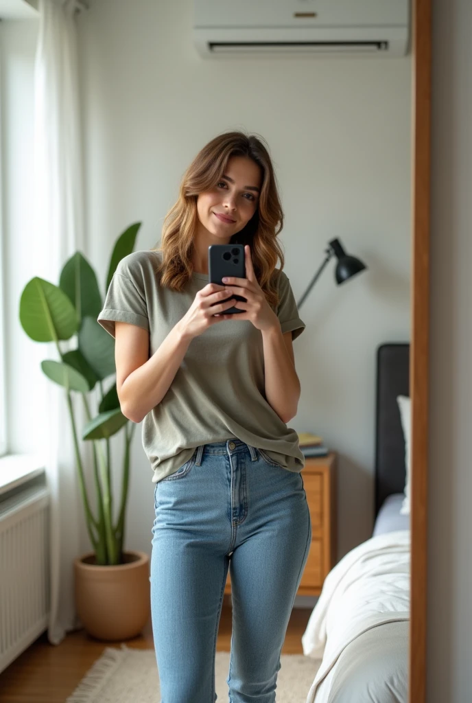 A young Caucasian woman in her twenties with slightly wavy, shoulder-length brown hair is standing in her modern bedroom. She is wearing a casual t-shirt and fitted jeans. She holds her smartphone with one hand in front of her mirror, capturing a photo of herself. His expression is relaxed and slightly smiling. The room is modern with neutral colors, minimalist furniture, and a potted green plant in the corner. There is a large framed mirror against the wall behind her, reflecting part of the room. Natural light enters through a large window to its left, creating a bright and warm atmosphere. Details like stacked books, a soft rug, and a designer lamp add a personal touch to the scene