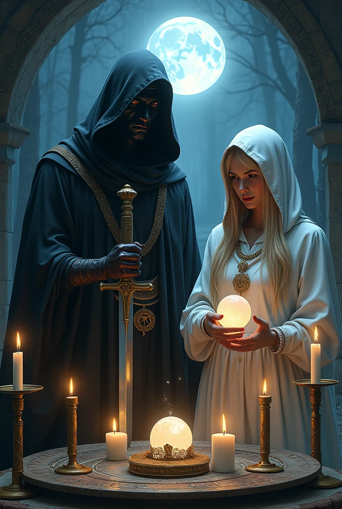 Cult of lilith, a witch man with black hood holding a sword, a blonde witch with white hood holding a crystal ball, candles, the moon, viking runes