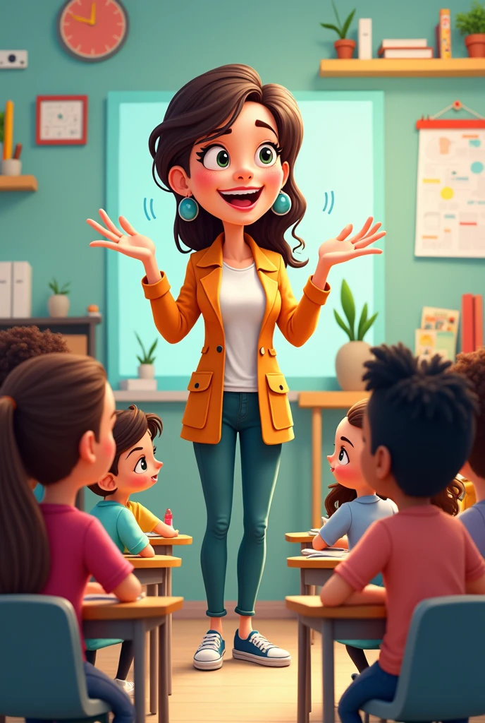 A cartoonist AI image of female teacher with the background of students