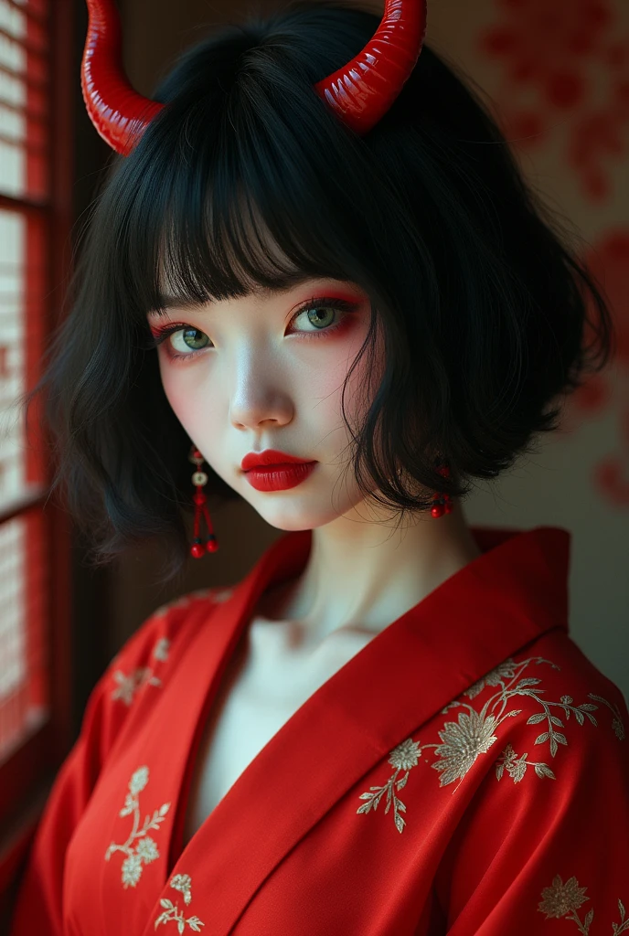 Black Hair。Bob。Demon&#39;s Red Horns。White skin。Green Eyes。Red on the corners of the eyes。Red seductive lips。Beautiful Japanese Women。Oiran。Red kimono。