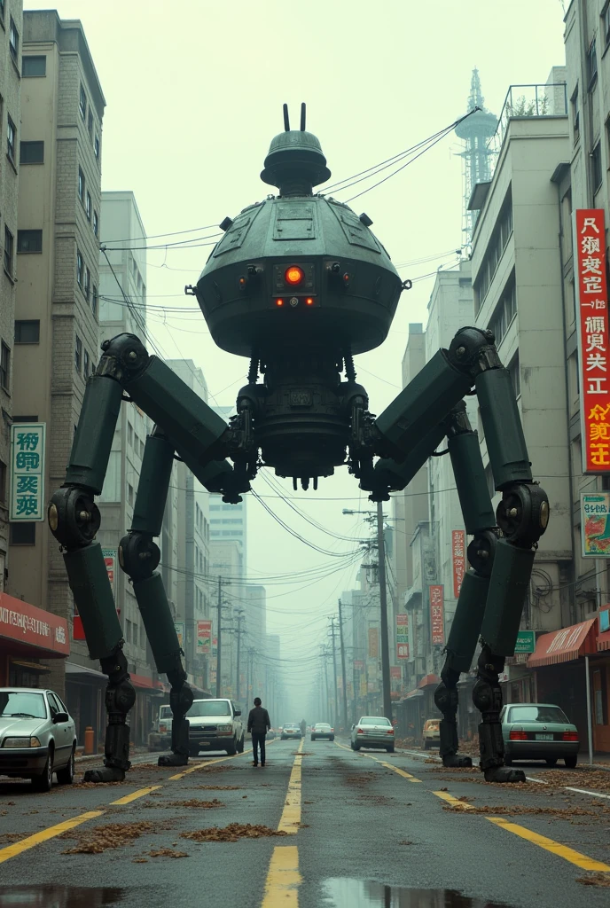 apocalyptic a robot with a large turret on its top, spider robot tank, reelmech, mechanical parts, machinery, joints, There are many cars and people on the city streets., Japan 1980s, Downtown Japan, Tokyo cityscape, Japan Streets, vintage footage of Tokyo cityscape, Tokyo cityscape set in 1982, Tokyo cityscape, Photos of Japan in the 80s, Japan Streets, in the Tokyo cityscape, Kodachrome : : 8k yen, Vintage Photography, Printed matter from the 1970s