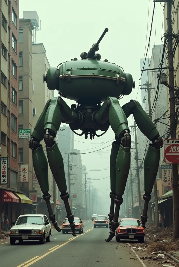 apocalyptic a robot with a large turret on its top, spider robot tank, reelmech, mechanical parts, machinery, joints, There are many cars and people on the city streets., Japan 1980s, Downtown Japan, Tokyo cityscape, Japan Streets, vintage footage of Tokyo cityscape, Tokyo cityscape set in 1982, Tokyo cityscape, Photos of Japan in the 80s, Japan Streets, in the Tokyo cityscape, Kodachrome : : 8k yen, Vintage Photography, Printed matter from the 1970s