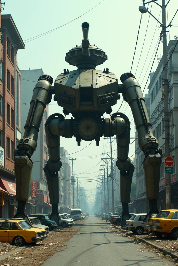 apocalyptic a robot with a large turret on its top, spider robot tank, reelmech, mechanical parts, machinery, joints, There are many cars and people on the city streets., Japan 1980s, Downtown Japan, Tokyo cityscape, Japan Streets, vintage footage of Tokyo cityscape, Tokyo cityscape set in 1982, Tokyo cityscape, Photos of Japan in the 80s, Japan Streets, in the Tokyo cityscape, Kodachrome : : 8k yen, Vintage Photography, Printed matter from the 1970s