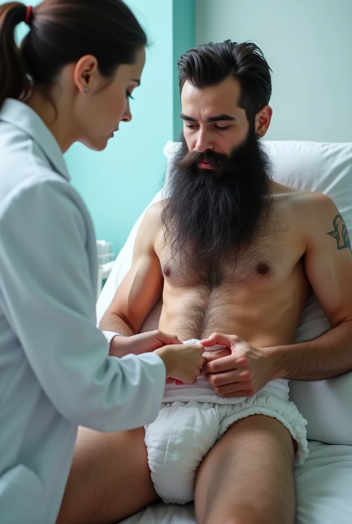 Female doctor opening the diaper of an extremely hairy bearded young mixed race man in a diaper lying down.