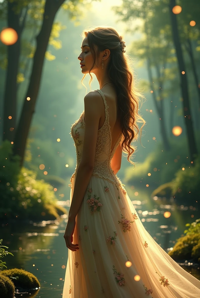 a detailed fantasy landscape, a beautiful woman in an elegant dress, a magical forest, sunlight filtering through the trees, glowing fireflies, a serene lake, detailed facial features, intricate floral patterns, soft warm colors, dramatic lighting, photorealistic, (best quality,8k,highres,masterpiece:1.2),ultra-detailed,(realistic,photorealistic,photo-realistic:1.37),cinematic composition,digital art