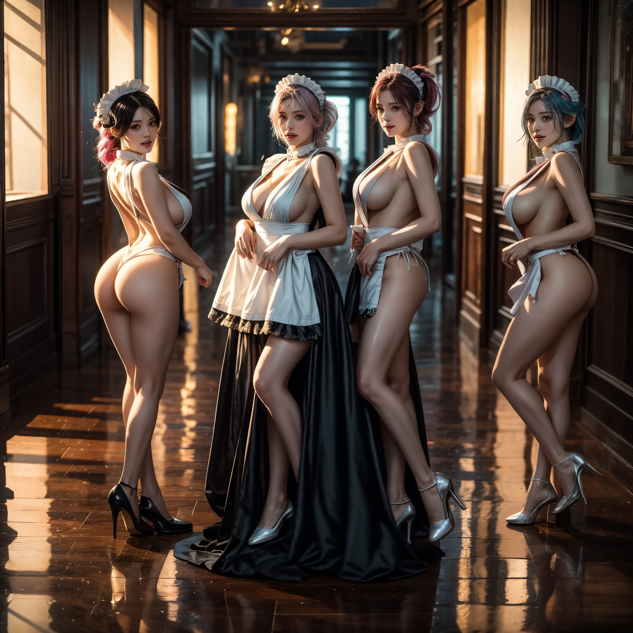 (Full Body of Extremely Detailed((Sexy Maid Group in a row:1.37))), KAWAII perfect face, Reflective Eyes, Detailed(Delicate Clothing textures), Correct Bewitching Leg Line, Dynamic Joyful Expressions LifeLike Rendering, Specular Reflection, TopQuality 8K Ultra-detailed masterpiece (ProfessionalPhoto:1.37), (Acutance:0.8), (Luminism:1.28), Renaissance art style, Colorful Light particles, ((Full body from side)), {MicroMini Skirt|Kissing Face to Face|Thigh Gap|Cute Peach AssFocus|(NakedApron with (Overflowing Sideboob))}, Radiant Fine Skin with Transparency, {Pink Hair|LightBlue Hair|Platinum Blonde|Pure White Hair|Liquid Hair}, Perfect Lighting
