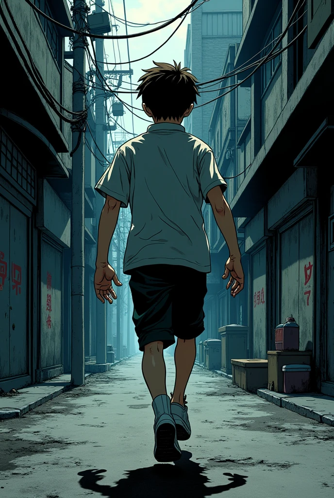 Manga where a boy of 18 year dragging his body hard as possible in Tokyo city his hand is brutally injured and the place is dark and boy is cute from back view