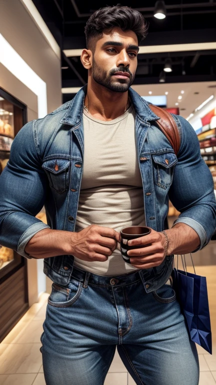 Handsome Indian pehlwan muscular hunk in tight denim sleeve less jacket with joggers with public hairs huge bulge wetty spoton bulge, doing shopping and drinking coffee from tumblr in shopping mall, head to thigh view