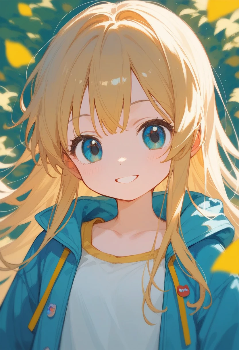 Anime Girl with long blonde hair wearing a yellow shirt and a blue jacket, Anime cute art style, cute Anime Girl, Cute girl anime visual, blonde Anime Girl with long hair, Cute anime style, (Anime Girl), Kawaii realistic portrait, Smile correctly, Anime art style, Kasuga, high quality Anime art style, young Anime Girl