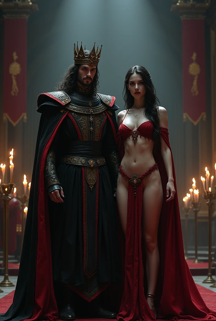 Lady Seraphina d’Aurelis, now transformed into a darker version of herself, stands beside Grim Havel during his coronation as the new king of her land. Seraphina's appearance has changed to reflect her new role—her is now very seductive and provocative, consisting of only loincloth and revealing gown in dark color symbolizing her acceptance of the dark path she has taken. her body now more curvaceous and sexually attractive. Her once soft and gentle features now carry a cold, calculating expression, mirroring Havel's own. Her eyes, once filled with defiance and fear, now hold a sharp, steely resolve as she gazes upon the crowd. Havel, clad in regal black and crimson robes with a crown upon his head, exudes power and dominance as he accepts the throne. The background depicts a grand, shadowy throne room, filled with dark banners and flickering torches, emphasizing the foreboding atmosphere of the moment. The depiction should capture the dark fantasy Renaissance Era style, highlighting the sinister union of Seraphina and Havel as they claim the throne together.