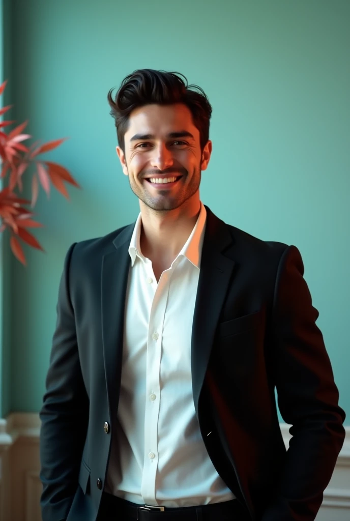 A young Man With Dark hair and a confident smile He is Dressed in a black blazer over a white shirt The man is positioned against aqua colour backdrop with a subtle red l