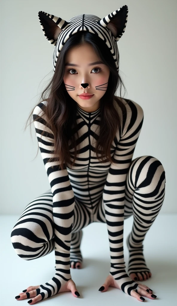 The beautiful Chinese asian adult girl with beautiful cheeks wears plains zebra print lycra turtleneck unitard catsuit covered with stripes and plains zebra print lycra elastane stretchy dancewear 100% stretchy hijab-like 100% stretchy zentai hood.She is happy to crawl.She always put fake cat whsikers and nose that are made of black makeup marker pen.