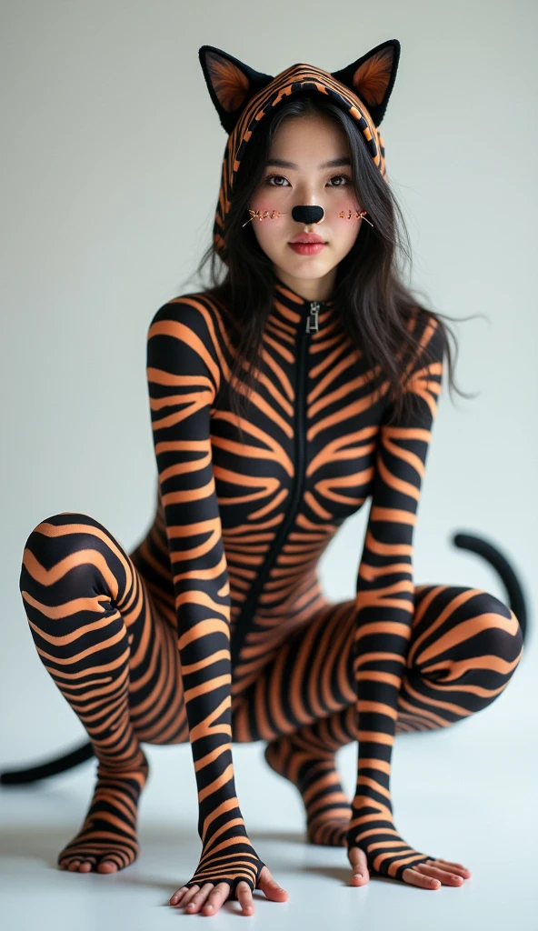 The beautiful Chinese asian adult girl with beautiful cheeks wears plains zebra print lycra turtleneck unitard catsuit covered with stripes and plains zebra print lycra elastane stretchy dancewear 100% stretchy hijab-like 100% stretchy zentai hood.She is happy to crawl.She always put fake cat whsikers and nose that are made of black makeup marker pen.