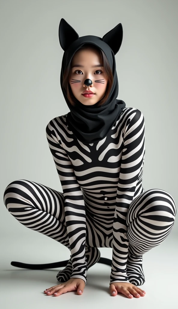 The beautiful Chinese asian adult girl with beautiful cheeks wears plains zebra print lycra turtleneck unitard catsuit covered with stripes and plains zebra print lycra elastane stretchy dancewear 100% stretchy hijab-like 100% stretchy zentai hood.She is happy to crawl.She always put fake cat whsikers and nose that are made of black makeup marker pen.